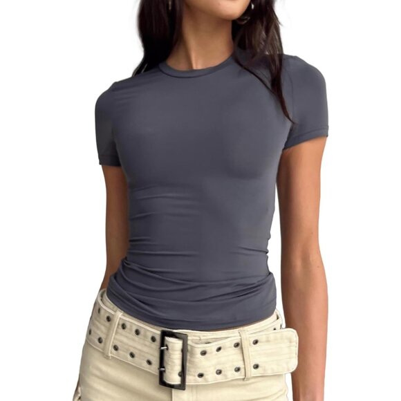 🆕Women's Deep Grey Nylon Crop Tops Short Sleeve Round Neck Workout Slim Fit - Picture 1 of 6